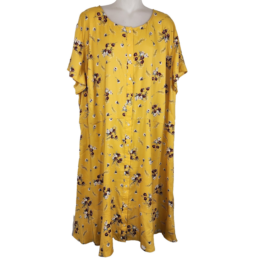 LOFT Plus Women Shift Midi Dress 26 Yellow Floral Button Up Short Sleeve Empire